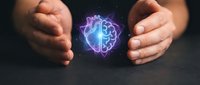 Protective hands surrounding glowing digital brain with neural network connections representing artificial intelligence, mental health care and cognitive protection.