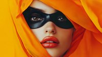 Young woman with fair complexion wearing black eye mask and vibrant orange-red fabric draped around head and shoulders, bold red lips, studio portrait for fashion, beauty, and costume design projects.