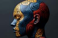 Male profile with artistic face paint featuring intricate tribal patterns in blue, red, and gold colors against dark background, showcasing dramatic side lighting.