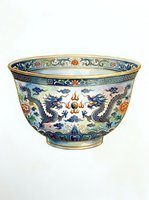 Ornate porcelain bowl featuring dual dragons in cobalt blue with gold accents, floral motifs, and traditional Asian decorative patterns. Isolated on white background for design use.