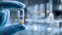 Scientist in blue gloves holding transparent capsule with brown substance in laboratory setting with blurred scientific equipment background.