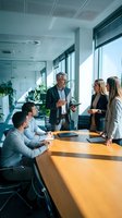 Diverse team of business professionals collaborating in modern office meeting room with wooden table, natural light, and contemporary architecture for corporate communication and teamwork concepts.