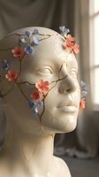 Artistic mannequin head adorned with delicate coral and blue flowers connected by golden branches, symbolizing growth, renewal and creative inspiration.