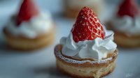 Fresh strawberry tartlet with whipped cream and golden pastry base, dusted with powdered sugar for elegant dessert presentation.