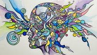 Colorful abstract zentangle art with intricate patterns, swirls and organic shapes in vibrant blues, purples, greens and yellows on white background.