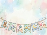 Pastel watercolor bunting banner with teddy bear, elephant, balloon, star, moon and hearts on isolated white background for nursery decor.