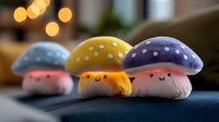 Cute kawaii mushroom plush toys with polka dot caps and smiling faces lined up on dark surface against warm bokeh lights background. Soft pastel colors.
