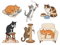 Cute cats in various playful poses and relaxation scenarios, isolated on white background. Suitable for pet care designs, greeting cards, children's illustrations, and feline-themed merchandise applications.