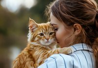 Young Caucasian woman in striped shirt holding ginger Maine Coon cat outdoors, showing tender moment between pet owner and fluffy feline companion.