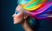 Side profile of young woman with vibrant rainbow colored hair flowing in wind against dark background. Dramatic makeup with blue eyeshadow and pink blush highlights facial features.