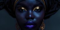 Close up portrait of African woman with dark skin wearing traditional headwrap and gold jewelry, dramatic makeup with purple lips and gold eyeshadow against black background.