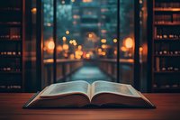 Open book on wooden table against blurred city lights and bokeh background at night, creating atmospheric reading ambiance with warm glowing illumination.