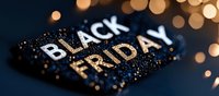 Glowing Black Friday text with golden bokeh lights and sparkles on dark background, seasonal shopping and holiday sale concept for marketing materials.