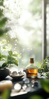 Serene spa composition with essential oil bottle, healing crystals, and white flowers by window in soft natural light. Wellness and aromatherapy concept.