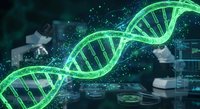 Glowing green DNA double helix structure with digital particles in modern laboratory setting with microscopes and scientific equipment for genetics research.