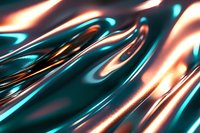 Metallic liquid surface with turquoise and copper colored waves creating dynamic abstract pattern. Luxurious flowing texture with glossy reflective finish.
