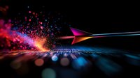 Glowing paper airplane soars through dark space with colorful light particles and bokeh effects creating dynamic motion trail against futuristic grid background.