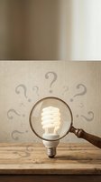 Magnifying glass magnifies glowing spiral energy-efficient light bulb surrounded by question marks on textured beige wall and wooden surface, symbolizing ideas, innovation, and problem-solving.