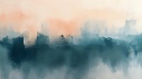 Atmospheric abstract landscape in teal and peach tones with soft brushstrokes creating misty horizon effect, suitable for modern interior design and wall art decoration.