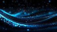 Abstract glowing blue wave with sparkling particles and bokeh effects on dark background, creating dynamic flowing motion and magical atmosphere.