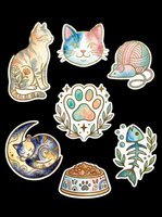 Watercolor cat sticker set isolated on transparent background, featuring cute cats, paw print, fish bone, yarn ball, and food bowl for stickers, clipart, and print on demand.