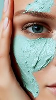 Close-up of woman's face with mint green clay mask, blue eye with long eyelashes, clean skin texture. Beauty and skincare concept for spa and cosmetics advertising.