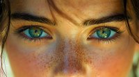 Close up of bright green eyes and freckles on young woman face, natural beauty portrait with sun-kissed skin and dark eyebrows in warm sunlight.
