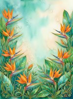 Watercolor tropical frame with bird of paradise flowers and lush green leaves on a soft teal background, perfect for cards and prints.