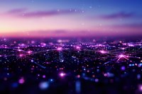 Futuristic digital network landscape with glowing purple and blue nodes connected across dark surface under twilight sky with bokeh light effects.