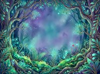 Enchanted forest frame with glowing magical atmosphere, mystical woodland border with luminous plants and twisted trees, fantasy nature background for design projects.