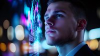 Young Caucasian businessman looking at glowing digital data visualization with neon blue and pink lights, bokeh background reflects modern technology advancement.