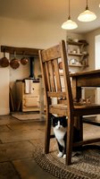 Cozy farmhouse kitchen interior with black and white cat sitting under wooden dining chair, rustic decor, pendant lights and vintage appliances.