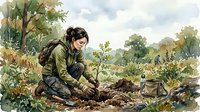Young Caucasian woman planting a tree sapling in a lush green forest, watercolor art for environmental conservation and ecology themes.