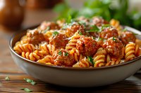 Delicious fusilli pasta with homemade meatballs in rich tomato sauce, garnished with fresh parsley and parmesan cheese, served in ceramic bowl. Perfect for restaurant menu or cookbook.