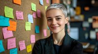 Young blonde businesswoman smiling at camera near colorful sticky notes board in modern office workspace for brainstorming and project planning sessions.