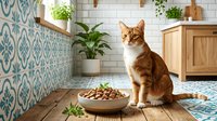 Ginger tabby cat sitting beside wooden bowl filled with dry kibble in modern kitchen with geometric tile patterns, potted plants, and natural wood cabinetry for pet food and home decor content.
