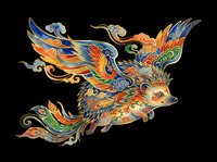 Ornate flying fox with elaborate decorative wings and tail feathers in vibrant orange, blue, and gold tones. Isolated on transparent background, ready for t-shirts, stickers, sublimation, and print-on-demand designs.