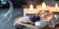 Healing crystals and burning candles create spiritual atmosphere with amethyst cluster, rose quartz, and clear quartz on wooden surface with gentle smoke in soft focus.