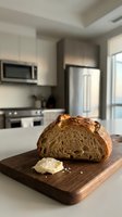 Freshly baked artisan bread with butter on wooden cutting board in modern kitchen with stainless steel appliances and natural light from window.