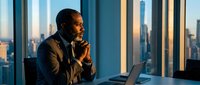 Professional African American businessman in suit contemplating strategy while working late in modern office with city skyline view during golden hour.