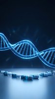 Digital DNA double helix structure with medical capsules on blue background for biotechnology and genetic research applications.