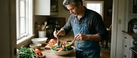 Middle-aged Caucasian man in apron preparing fresh salad in modern kitchen, cooking healthy meal at home counter near window with natural light.