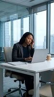 Stressed African American businesswoman with headache working on laptop in modern office with city view. Professional burnout and workplace pressure concept.