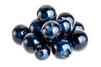 Dark blue glass beads with glossy surface and reflective highlights arranged in cluster on white background, isolated for jewelry making and craft projects.
