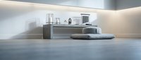 Modern minimalist interior with concrete furniture and soft lighting creating serene contemporary living space for luxury home design and architecture.