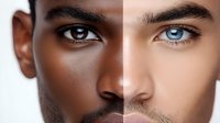 Contrasting facial features showing diversity with dark brown and blue eyes on split male faces against white background.