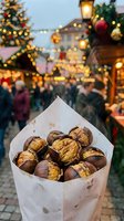Roasted chestnuts in paper bag at festive Christmas market with warm bokeh lights and holiday decorations creating cozy winter atmosphere for seasonal celebrations.