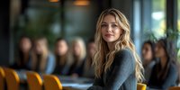 Young blonde woman with wavy hair in gray sweater sitting in modern cafe interior with blurred people in background, soft natural lighting creates cozy atmosphere.