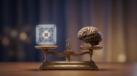Artificial intelligence microchip and human brain balanced on vintage brass scale representing technology versus biology comparison concept.