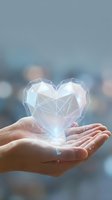 Hands holding a glowing geometric crystal heart with polygonal wireframe lines, soft bokeh background, love and technology concept.